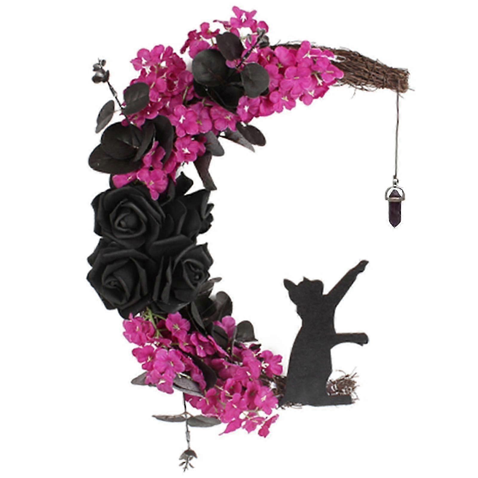 Halloween Front Door Wreath - Moon Cat Garland with Multicolor Roses