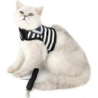 Soft Mesh Sailor Harness for Cat and Small Dogs, Pet Navy Striped Walking Vest Puppy Padded Harnesses Leash Set Adjustable Black M