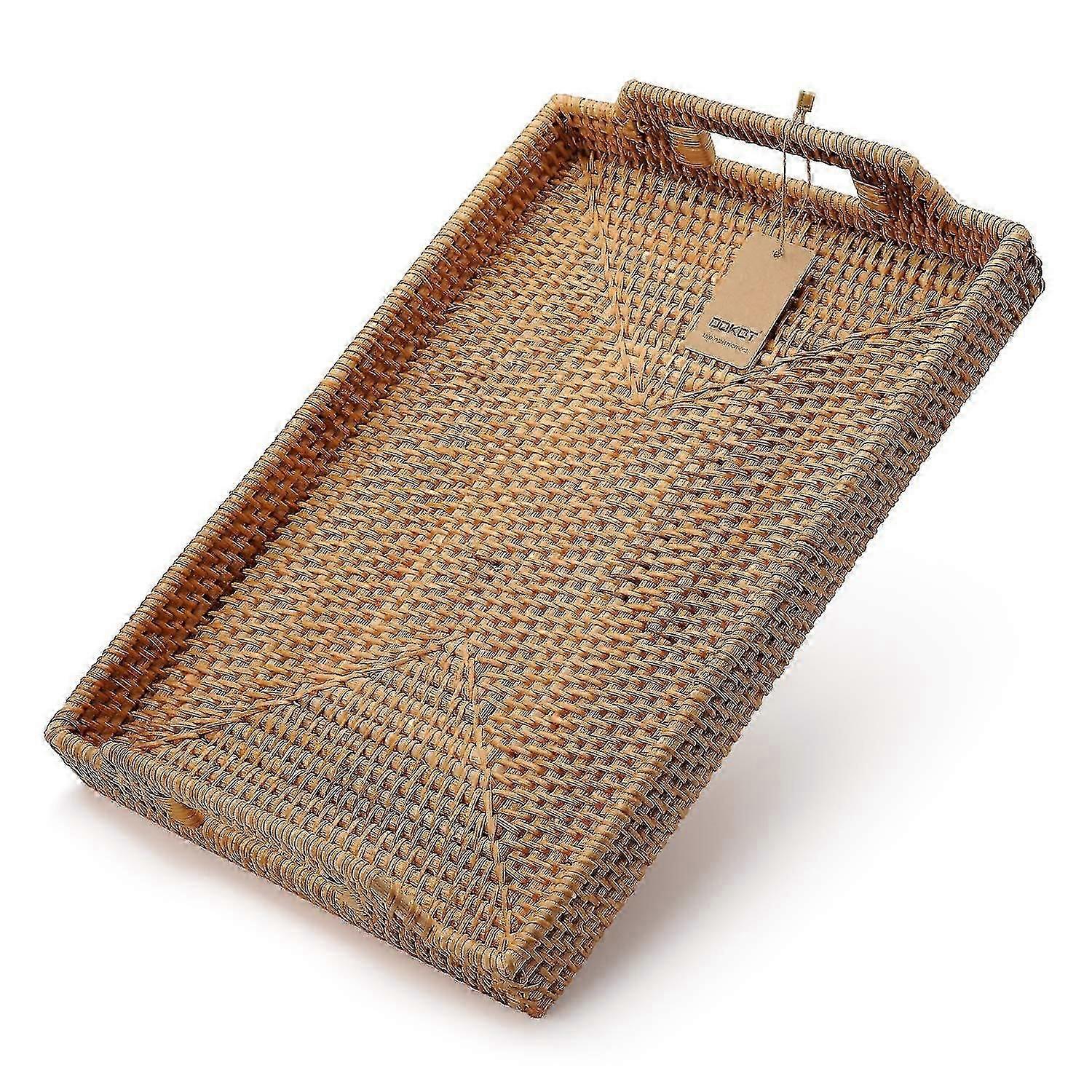 Hand-woven Rattan Rectangular Serving Tray With Handles For Breakfast, Drinks, Snack For Coffee Table