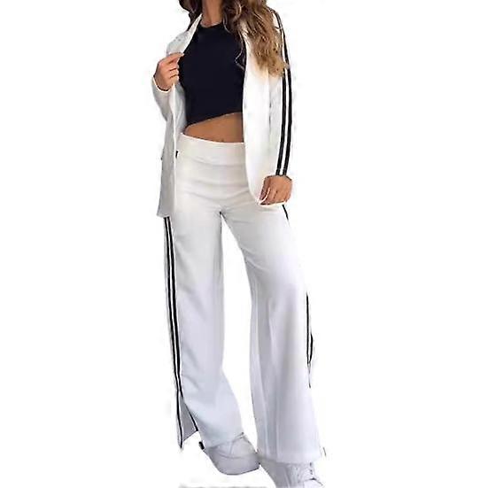 2 Pcs/Set Lady Formal Coat Pants Set Turn-down Collar Long Sleeves Jacket Loose Striped Wide Leg Trousers Casual Daily Wear Commuting Outfit