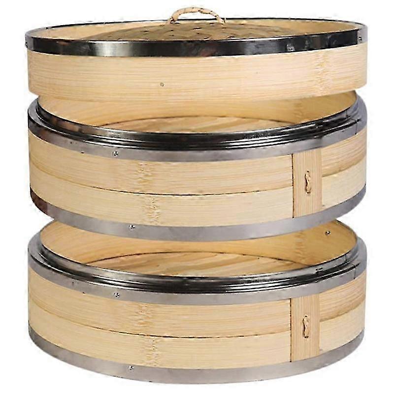 2 层厨房竹蒸笼,带双不锈钢带,适用于亚洲烹饪包饺子