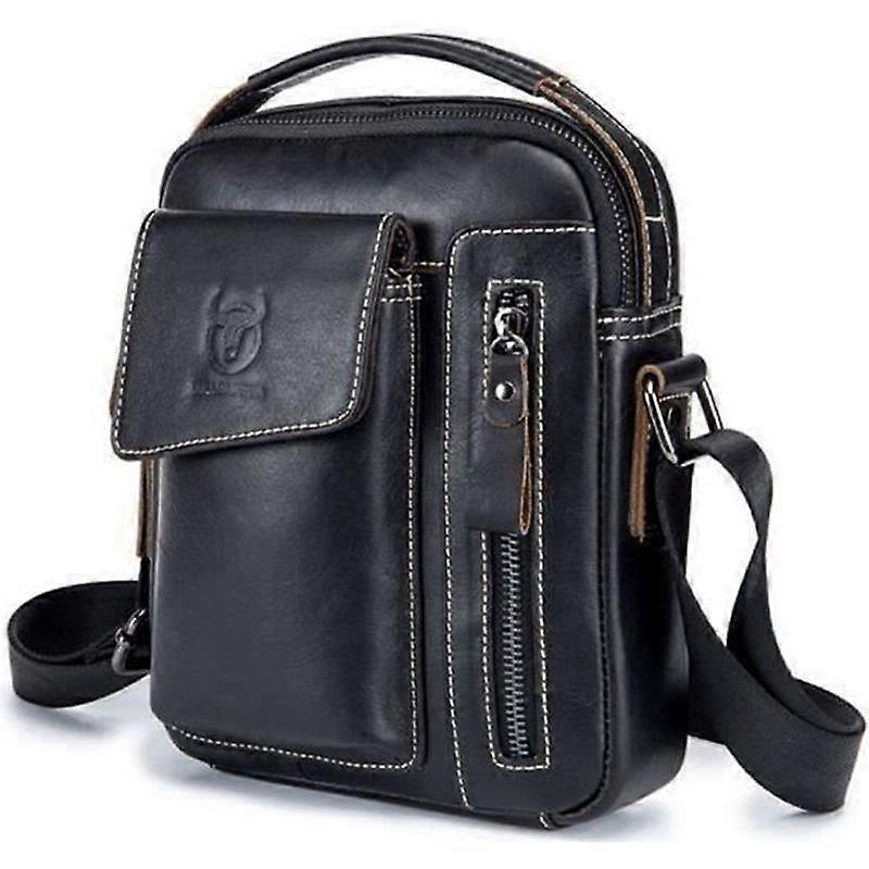 Genuine Leather Men's Shoulder Bag Small Briefcase with Adjustable Strap Black M35962