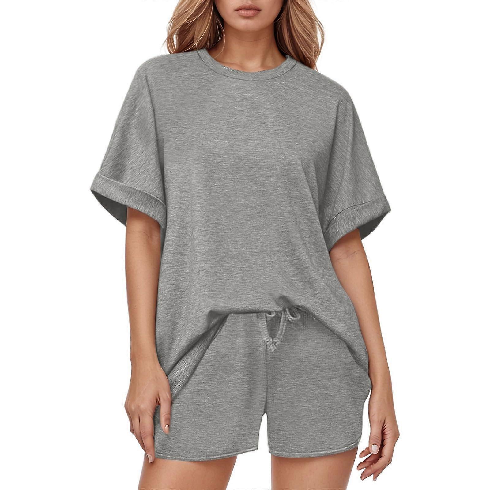 Women's TShirt Set with Batwing Sleeves and Shorts Drawstring for House Dress Gray XL