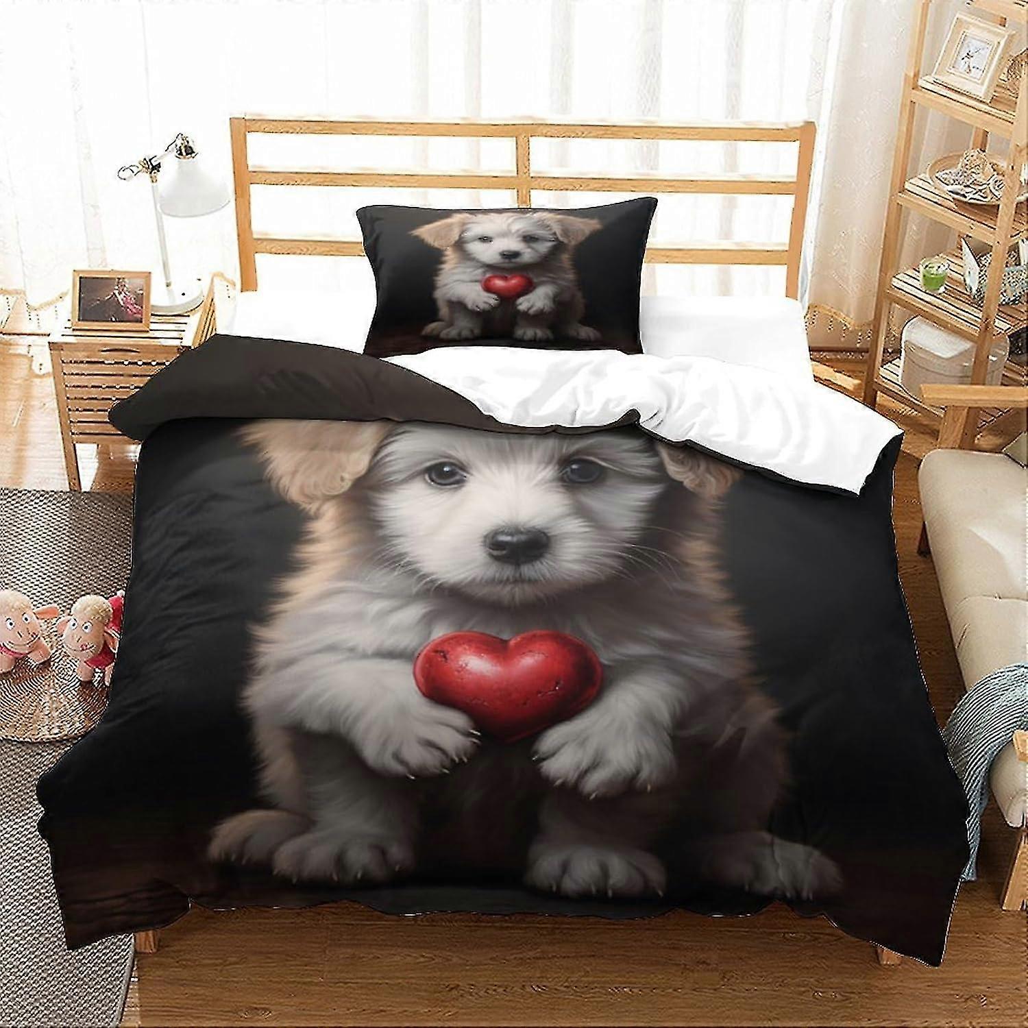 Conjunto de capa de edredão com impressão 3D de cachorro fofo, conjunto de cama de microfibra com design bullseye com fronhas, disponível em tamanho King duplo individual