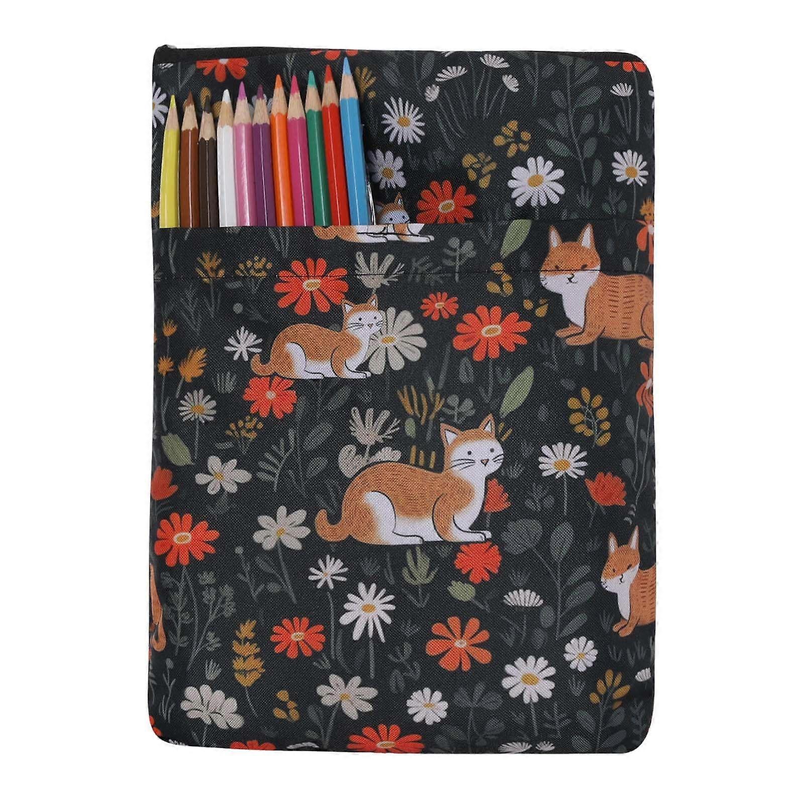 Colourful Cat Printed Book Cover with Zip and Front Pocket, Washable Fabric Paperback Protector, 28 x 21 cm