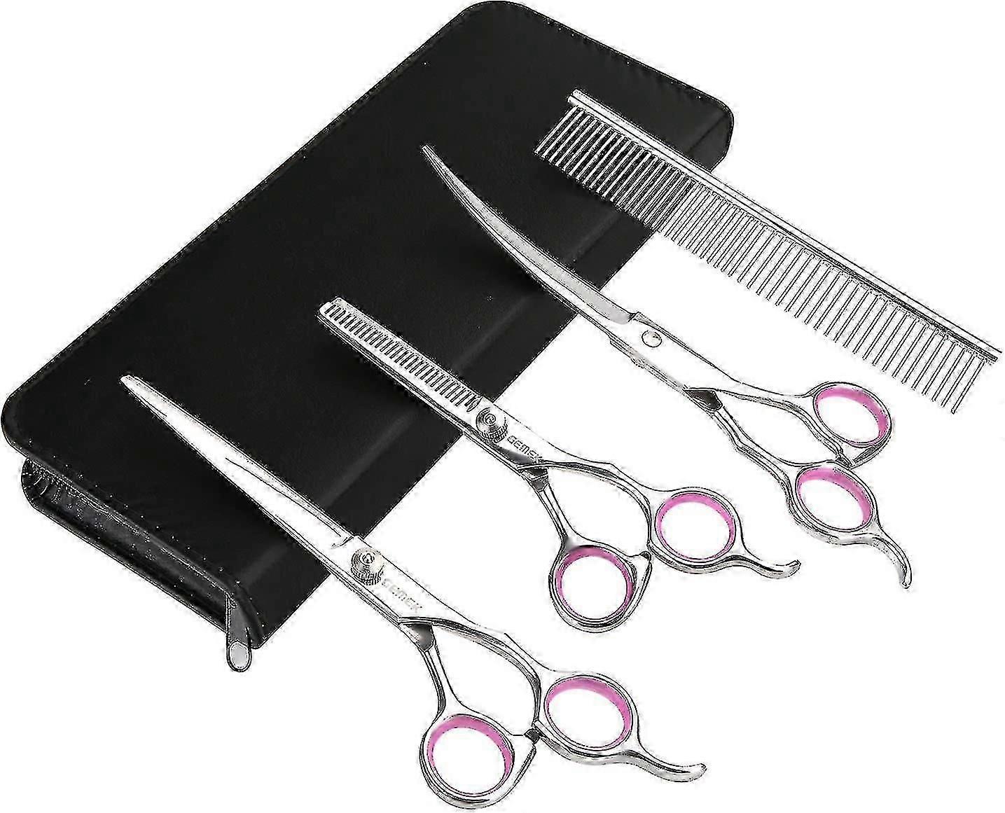 Dog Grooming Scissors Set, Pet Grooming Clipper Kit - Thinning, Straight And Curved Scissors With Comb For Cat And More Pets