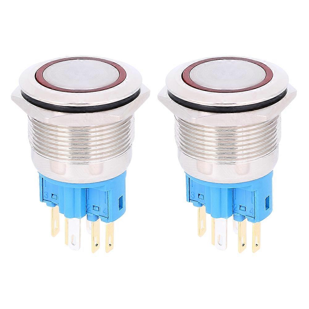2Pcs AC220V 22mm Stainless Steel Ring Reset Button 6-Pin Push Button Switch ReplacementRed