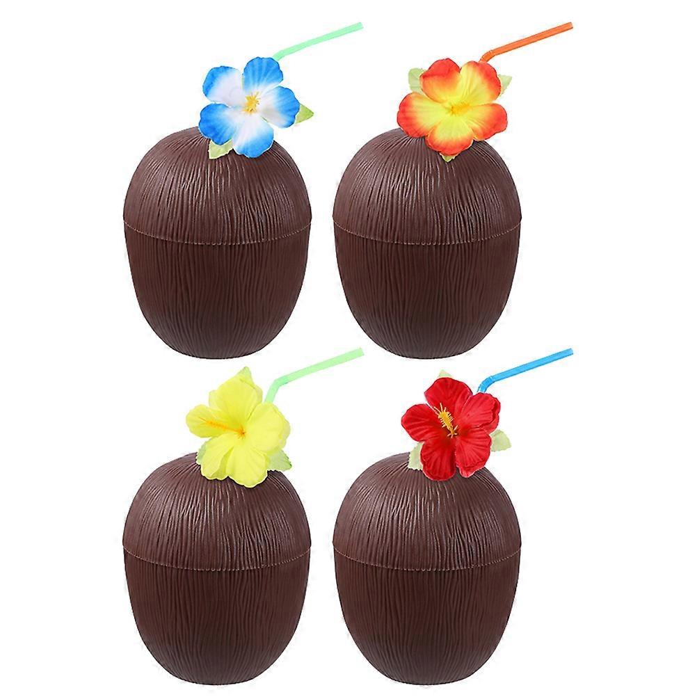 1 ensemble de 4 tasses à boisson en forme de noix de coco Hawaii Party avec paille (café)