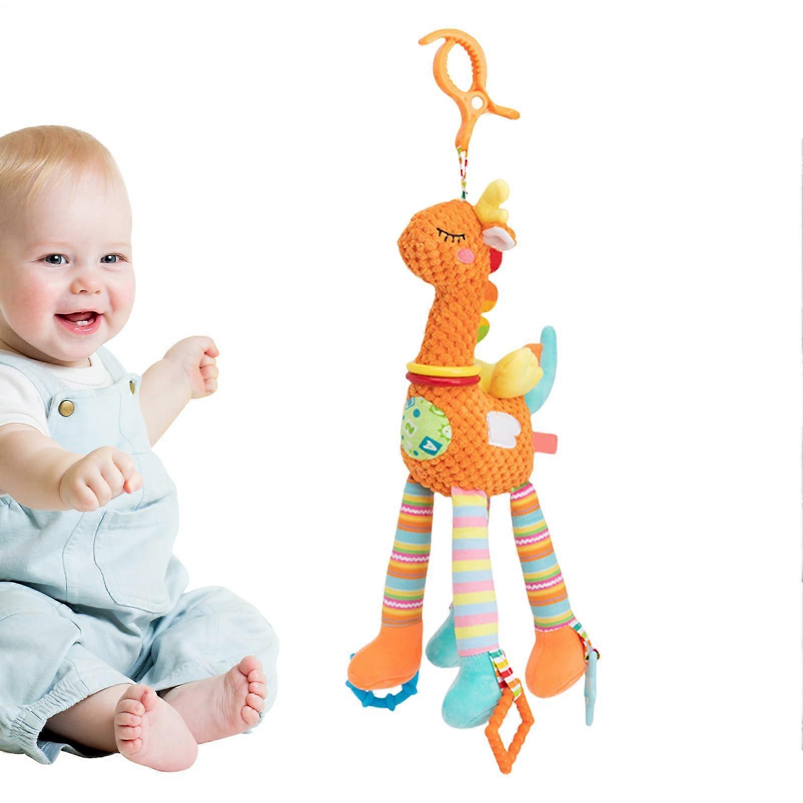 Plush Car Seat Toy for Infants - Soft Crinkle Animal with Wind Chime, Interactive Sensory Rattle, Orange Travel Accessory for Crib and Stroller
