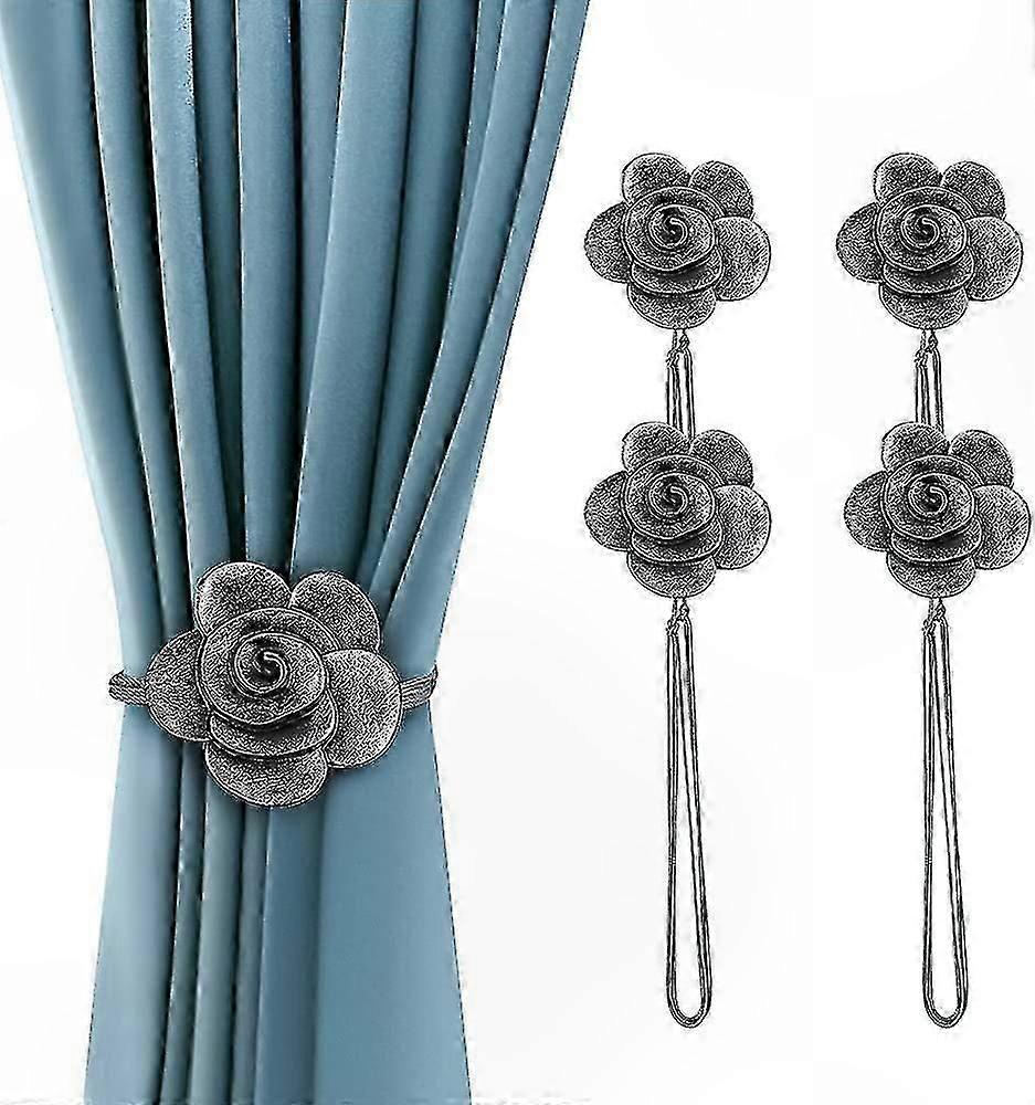 Magnetic Curtain Tiebacks with Resin Flower and Rope for Window Drapery Decor