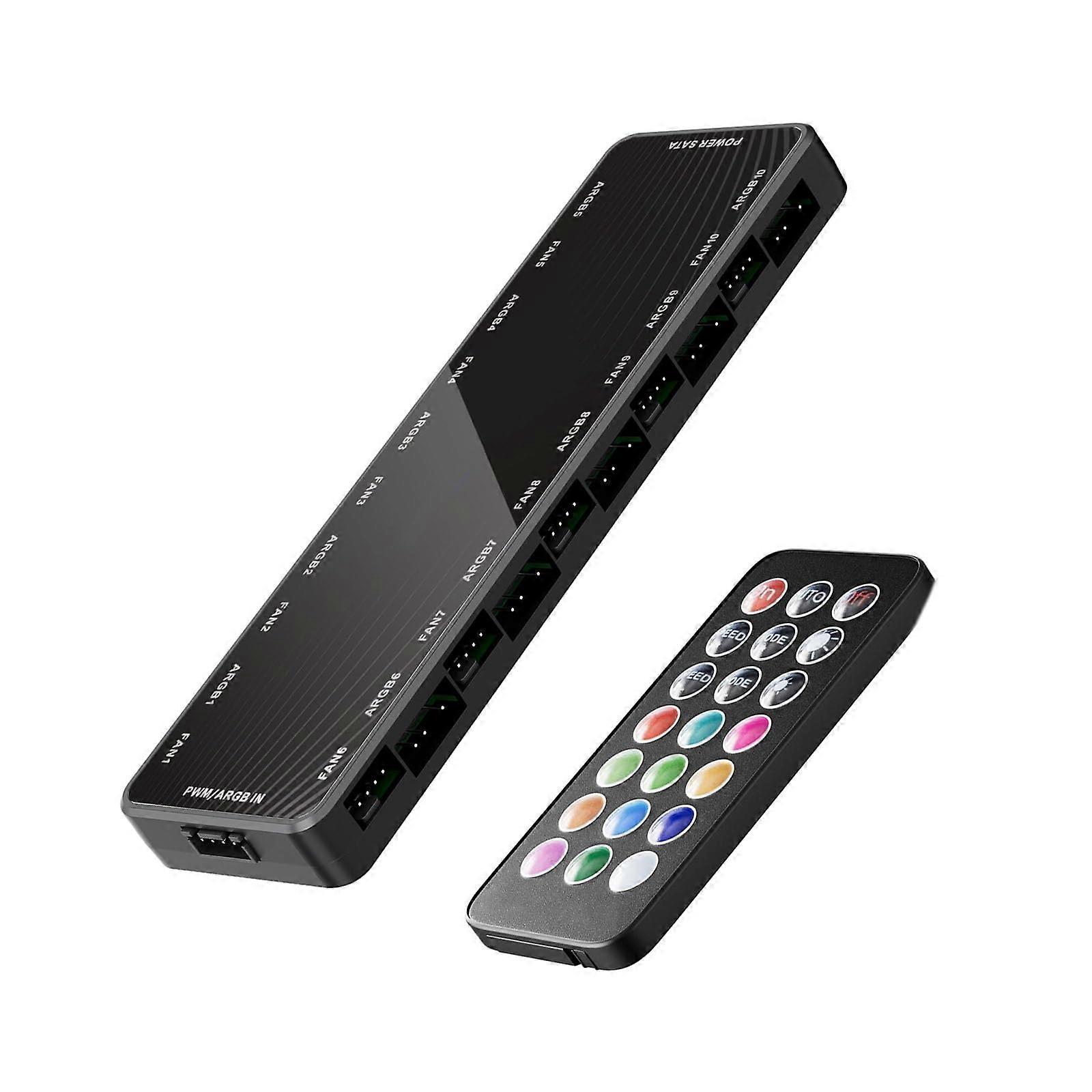 "PC Case Hub Controller with Remote Control, 10-Port ARGB and PWM Sync, SATA Power Interfaces for Black Desktop"