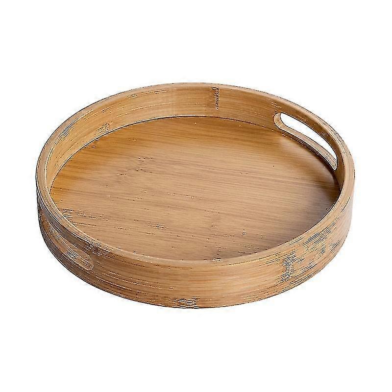 Round service tray, 11.81 inches × 1, Multifunctional with handle, Natural bamboo, easy to clean