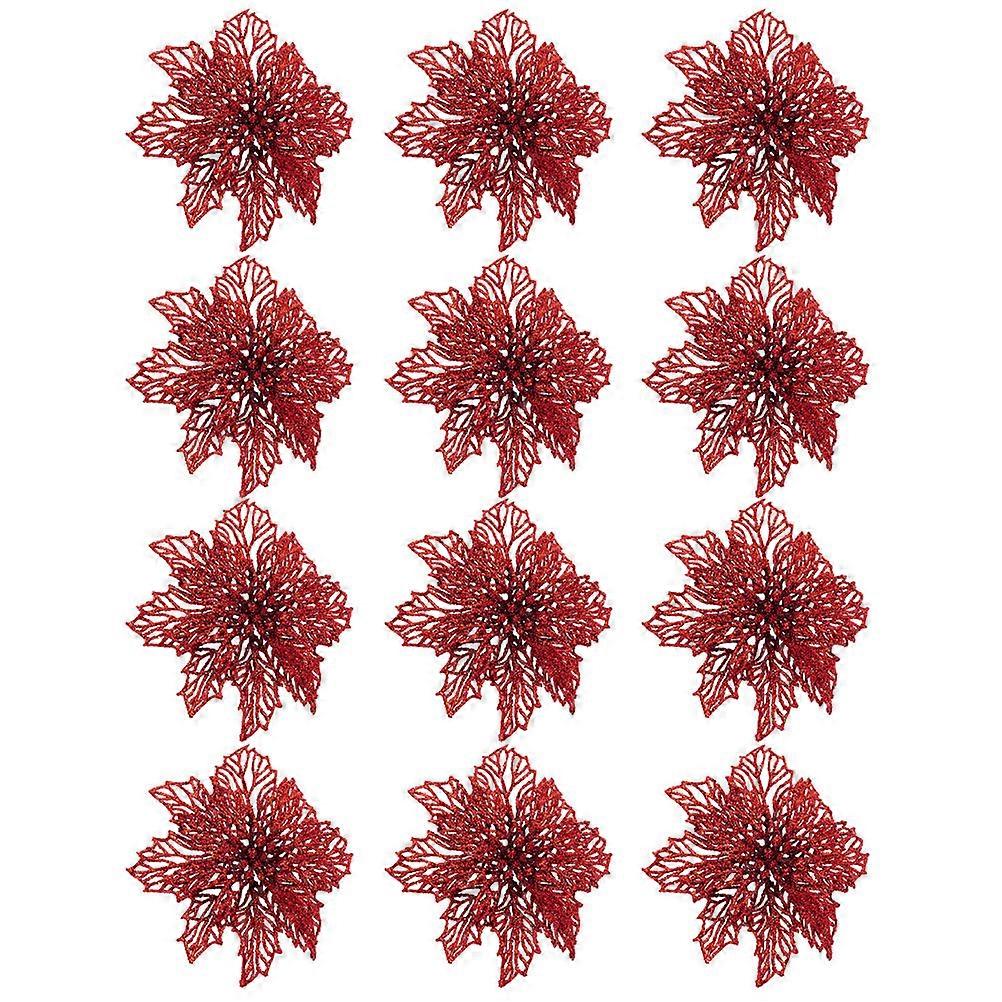 12pcs Glitter Christmas Flower Ornaments, Red Artificial Xmas Decorations for Tree, Wall, Door, Holiday & Festival Hanging Adornments
