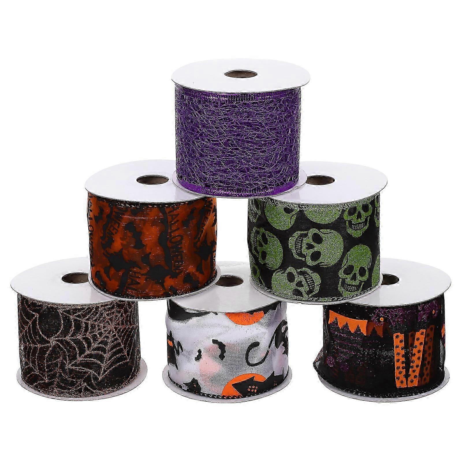 Wired Edge Ribbons Halloween Design Assorted Color 540X6.3cm Floral Projects 6 Rolls