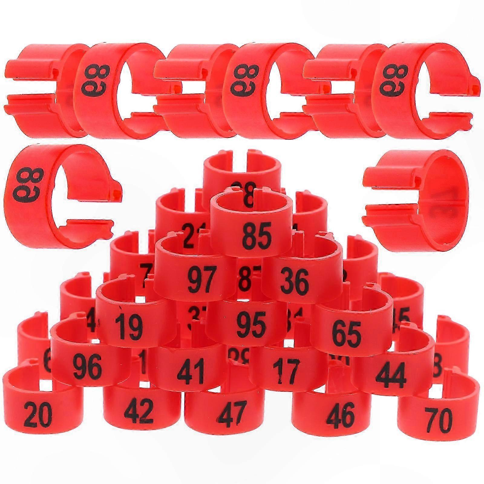 Numbered Leg Bands for Pigeon Racing, Compact Red Identification Markers (100 Pack)