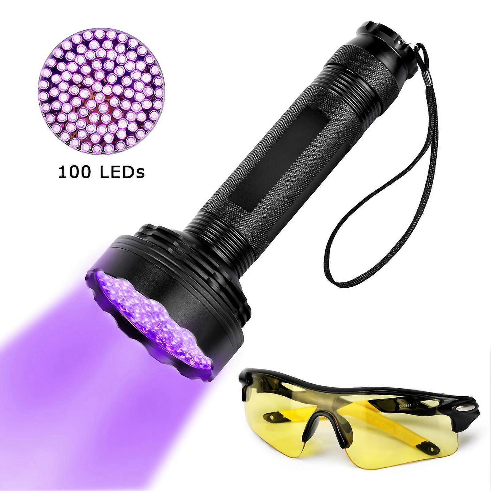 Upgraded 100 LED Flashlight Black UV Light Ultraviolet Torch with Protective Glasses