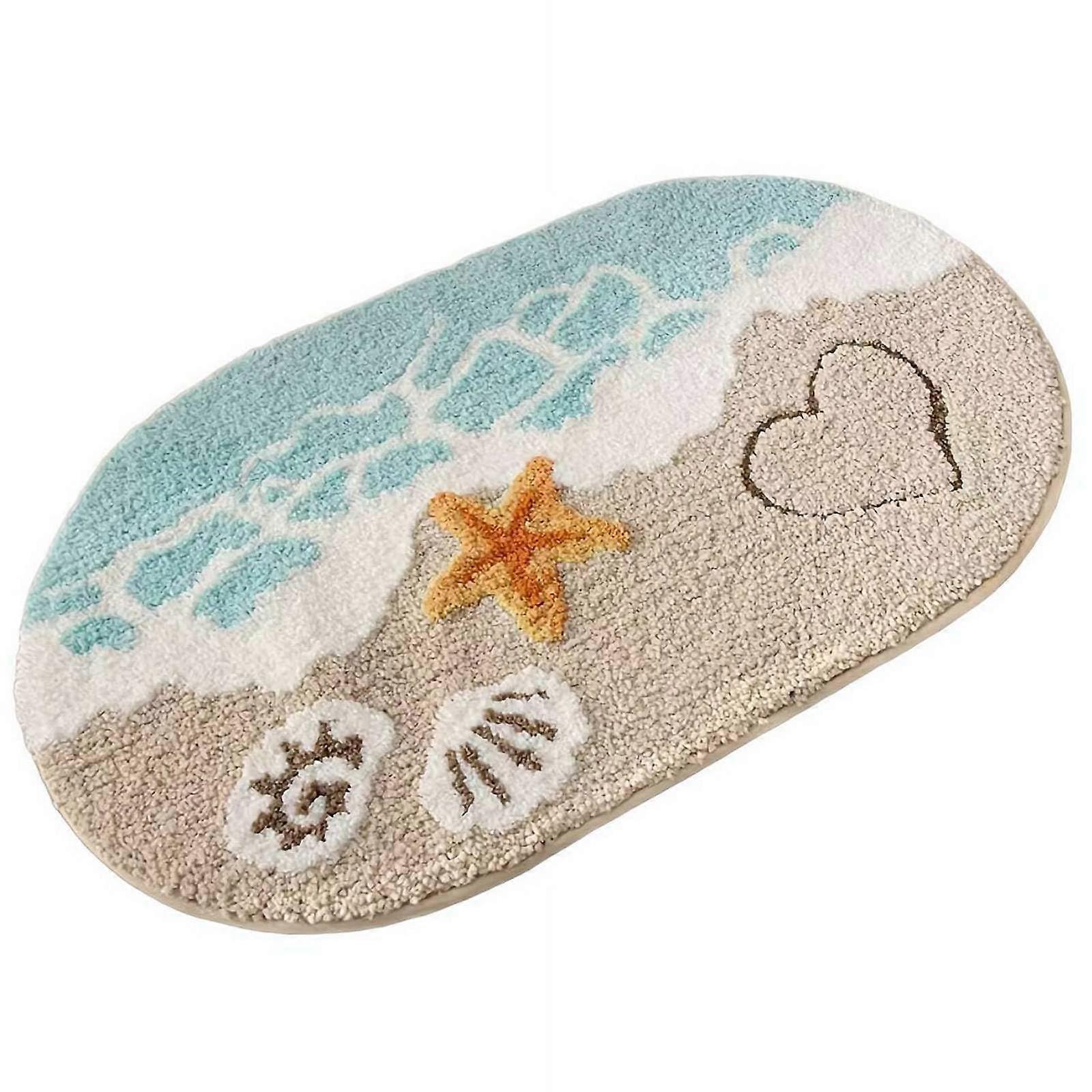 BeachThemed Bath Mat Large (L) Size, Extra Soft AntiSlip Tufted Rug, Seashell Starfish QuickDry Shower Tub
