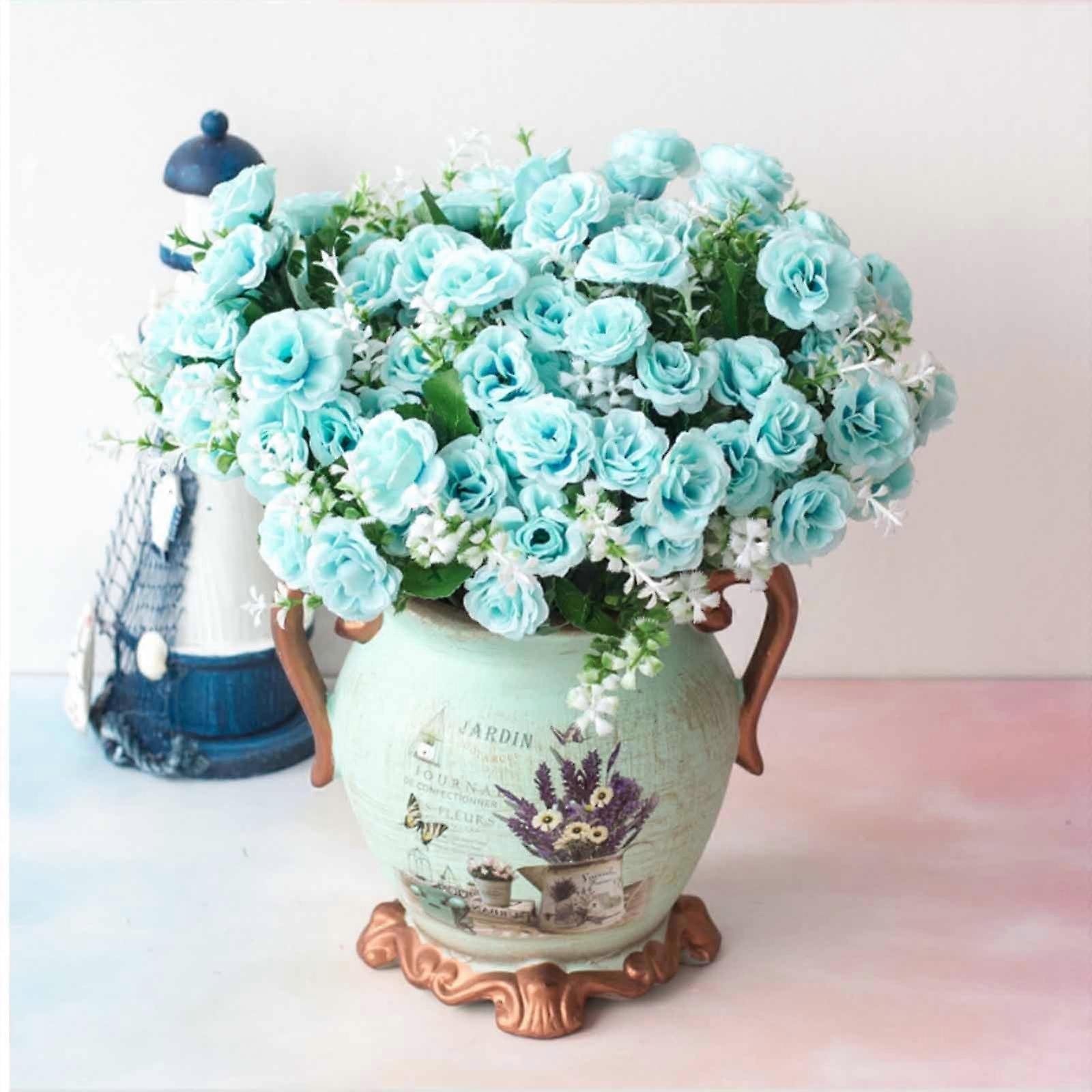 High-End Artificial Flowers, 5 Forks with 15 Mini Roses, Blue Plastic Home Decor – Compatible with Wtgtog