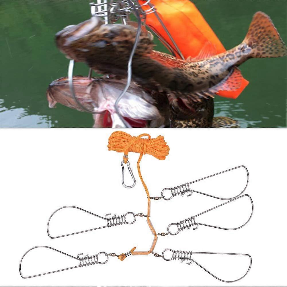 Duty Stainless Steel Fishing Catch Stringer With 5 Lock Snaps Nylon Rope Secure Use