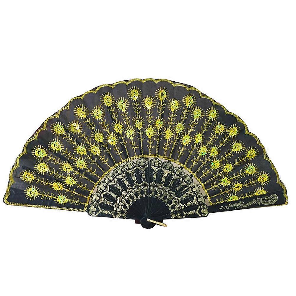 2Pcs Yellow Sequin Fan Hand Fans for Dance Performance Use