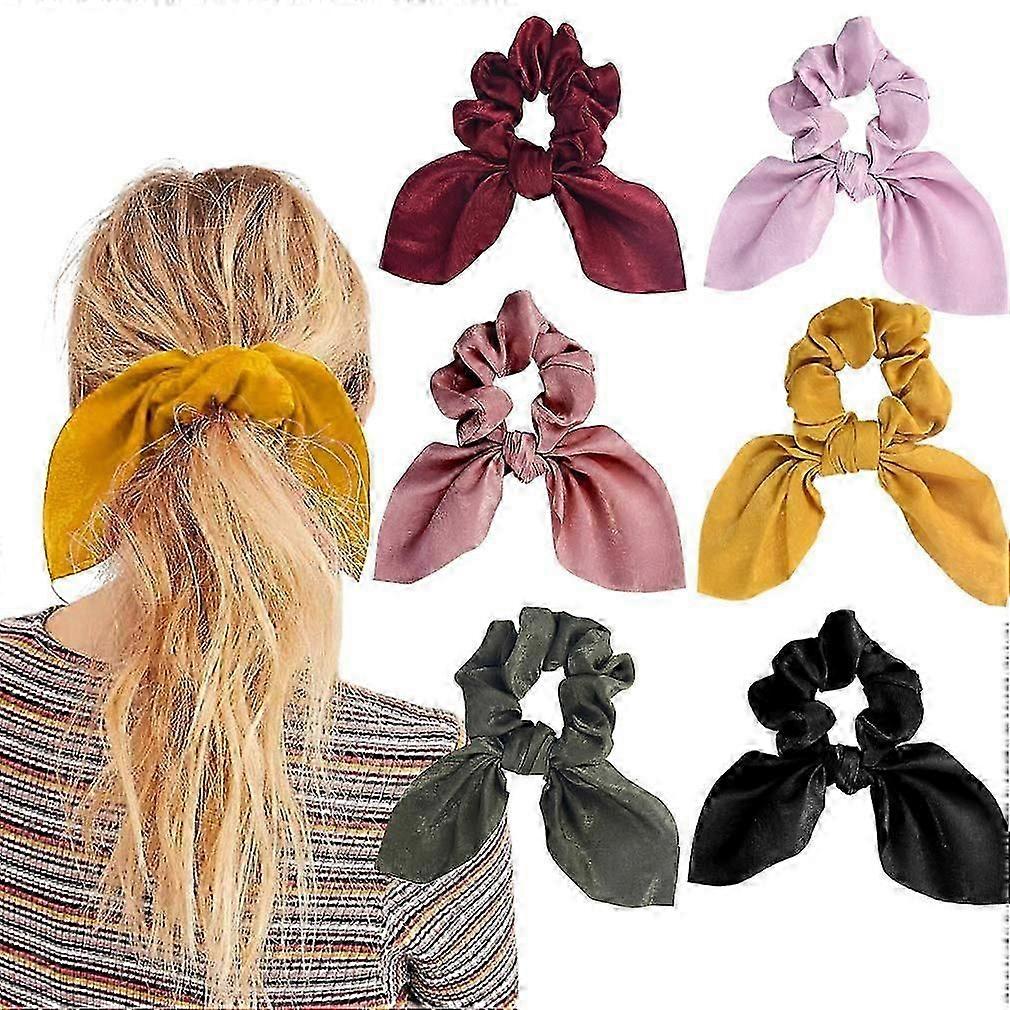 6 SZTUK Hair Scrunchies Satin SilkRabbit Bunny Ear Bow Bowknot Scrunchie Bobbles Elastyczne opaski do włosów Opaski Ponytail Holder dla kobiet Akcesoria