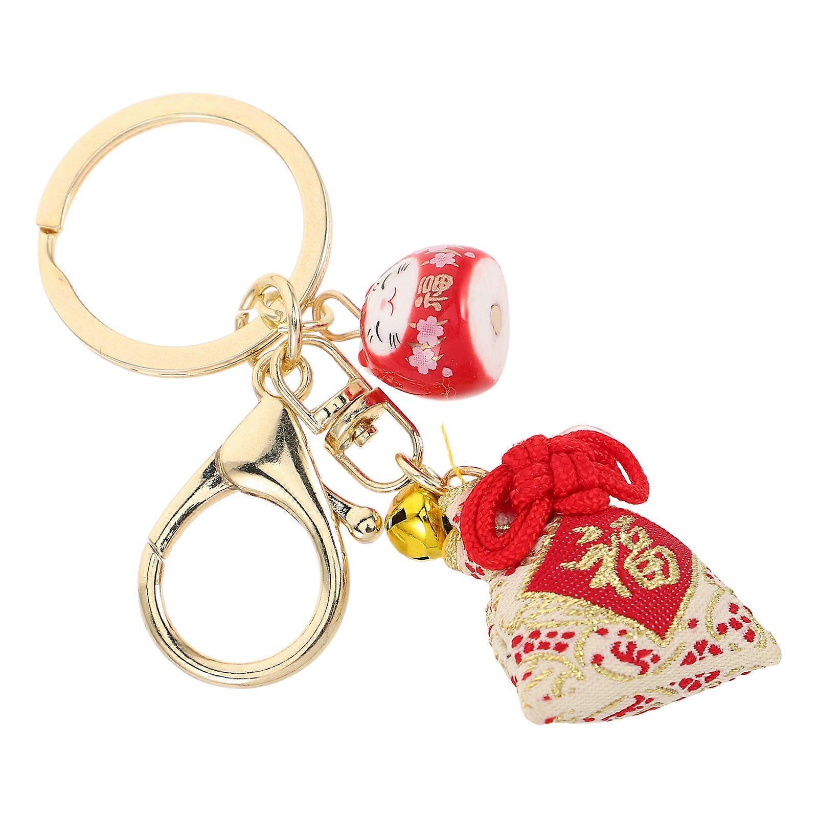 Japanese Omamori Cat Keychain for Luck 5Pcs with Bell and Charm Pendant