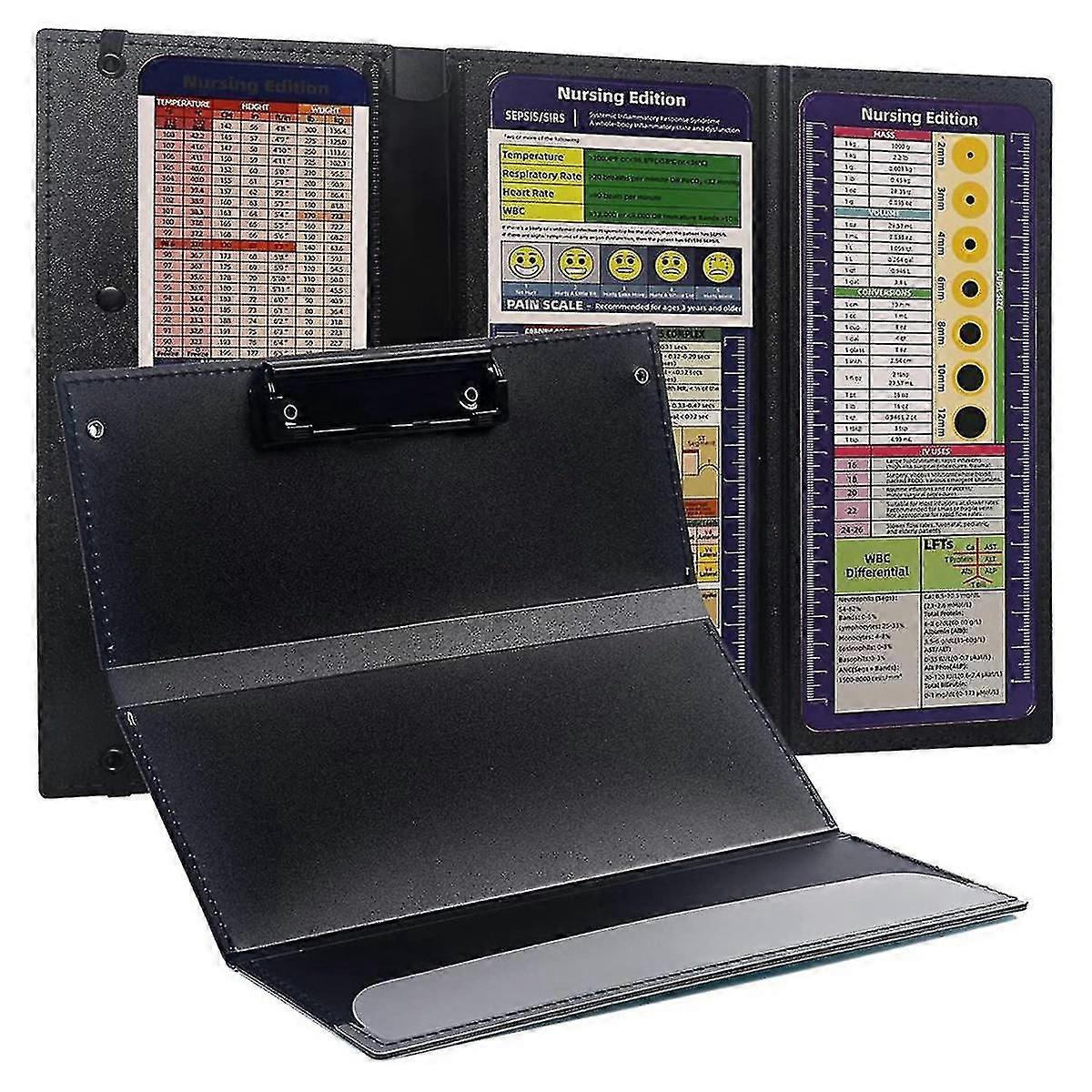 Nursing Clipboard Foldable, 3 Layers Nurse Clipboard with Nursing Edition Cheat Sheets Trifold Clipboard, Black