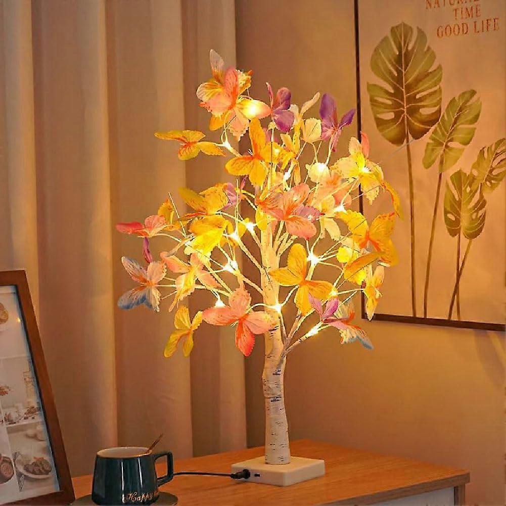 Butterfly LED Birch Tree Lights 24Inch White PreLit Birch Tree With Butterfly And Leaves Ornaments USB/3AA Powered