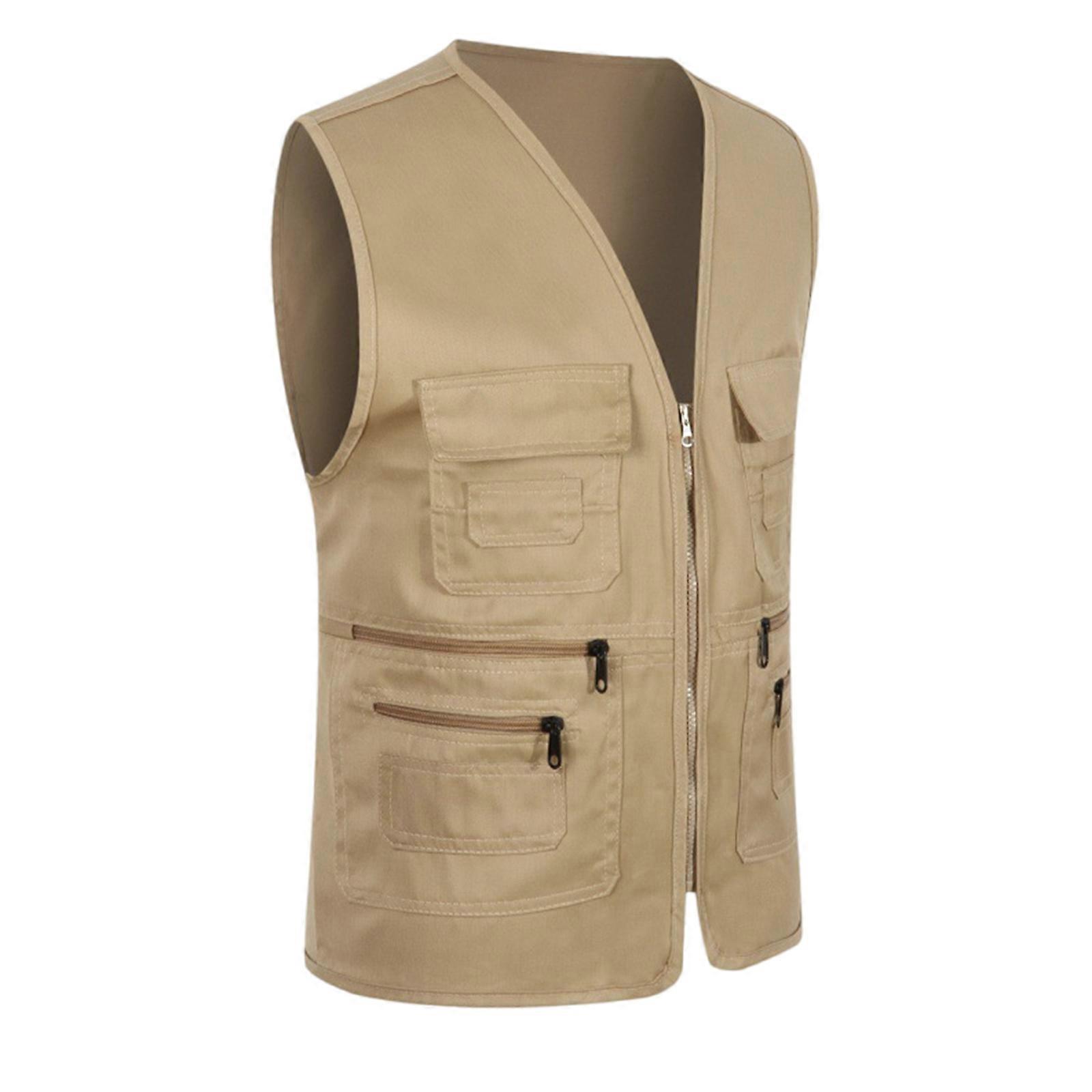 Functional Work Vest Outdoor Ready Breathable Lightweight Underwaist Multiple Pockets For Tools Essential  Khaki XL