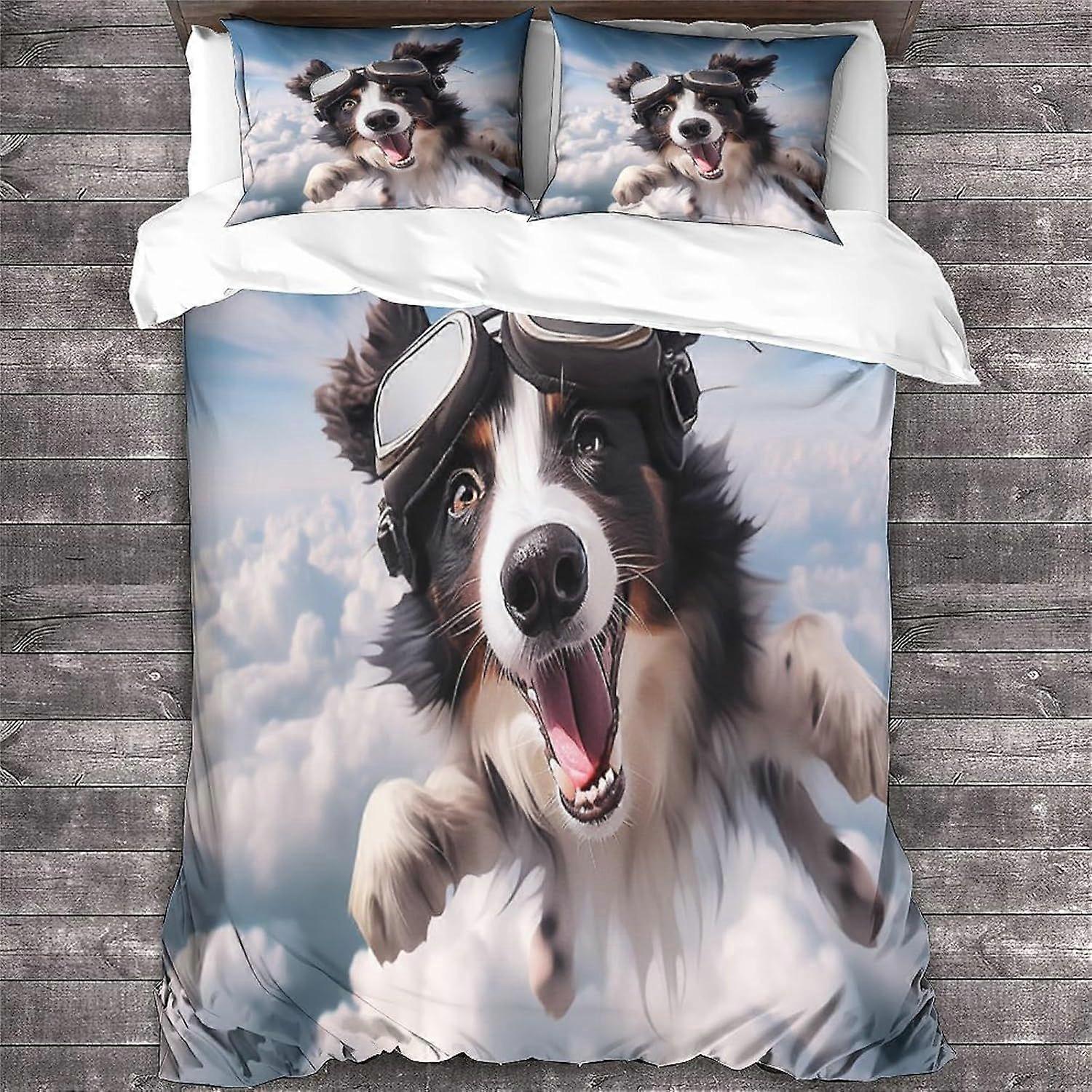 LikeEj Border Collie 3D zvířecí povlak na přikrývku Set Pes Pattern Tištěný povlak na povlečení s uzávěrem na zip 3dílný měkký povlak na přikrývku