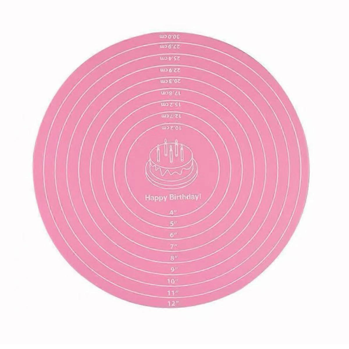 Silicone Baking Mat with Measurements for Cake Turntable, NonStick Heat Resistant Round Sheet, Reusable Dishwasher Safe (Pink)