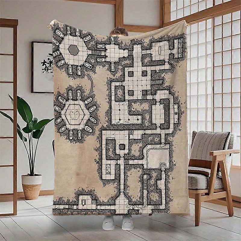 Vintage Fantasy Underground City Map Blanket - RPG Dungeon Master Inspired Throw with Ancient Metropolis Layout, Beige &-FDSAP332