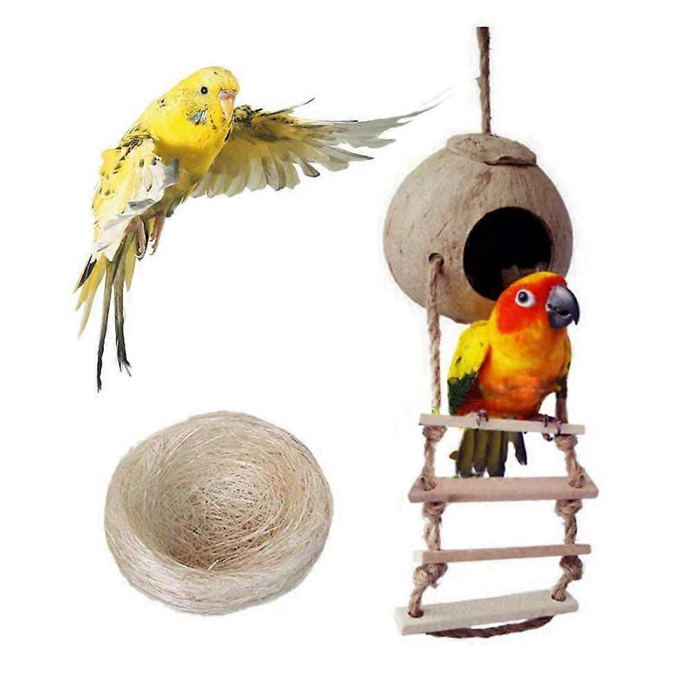 Coconut Bird Nest Hut with Wooden Ladder and Fiber Lining for Parakeets Cockatiels Conures Finches