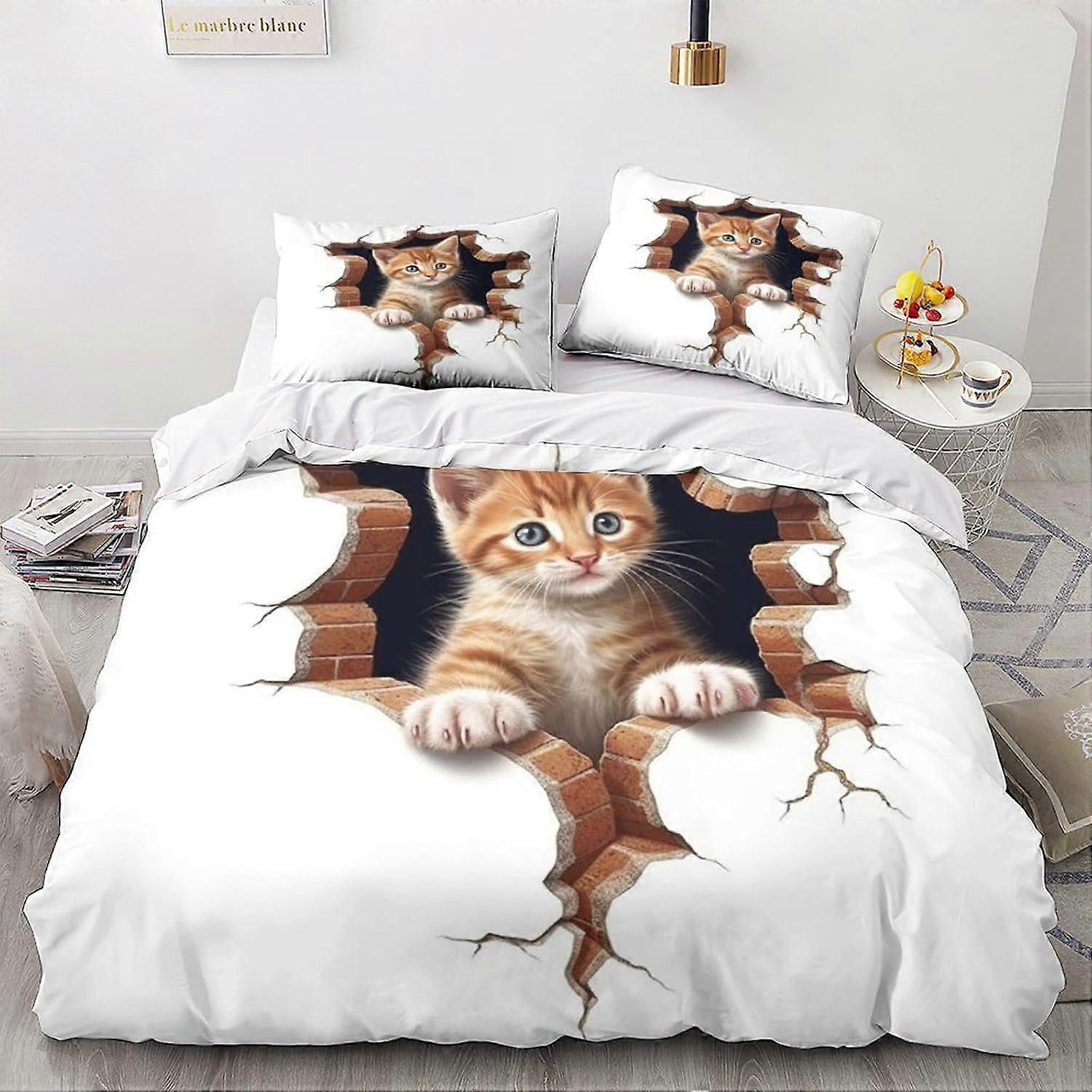 LikeEj Sada Povlečení Pro Kočku Roztomilá Kočička Tištěné Povlečení Zvířecí přikrývka Povlak s polštářem Shams Povlak na přikrývku z mikrovlákna Zip 3 ks král