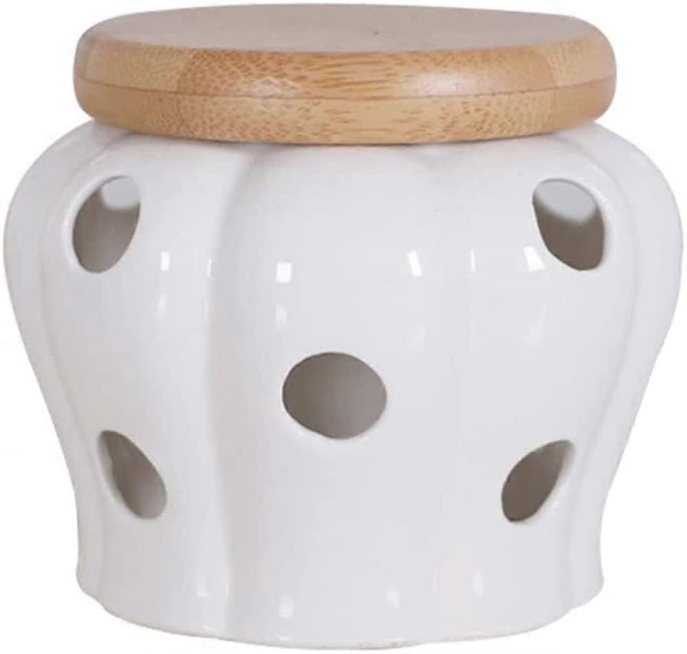 Ceramic Garlic Storage Container with Bamboo Lid, Ventilated Keeper for Kitchen Counter