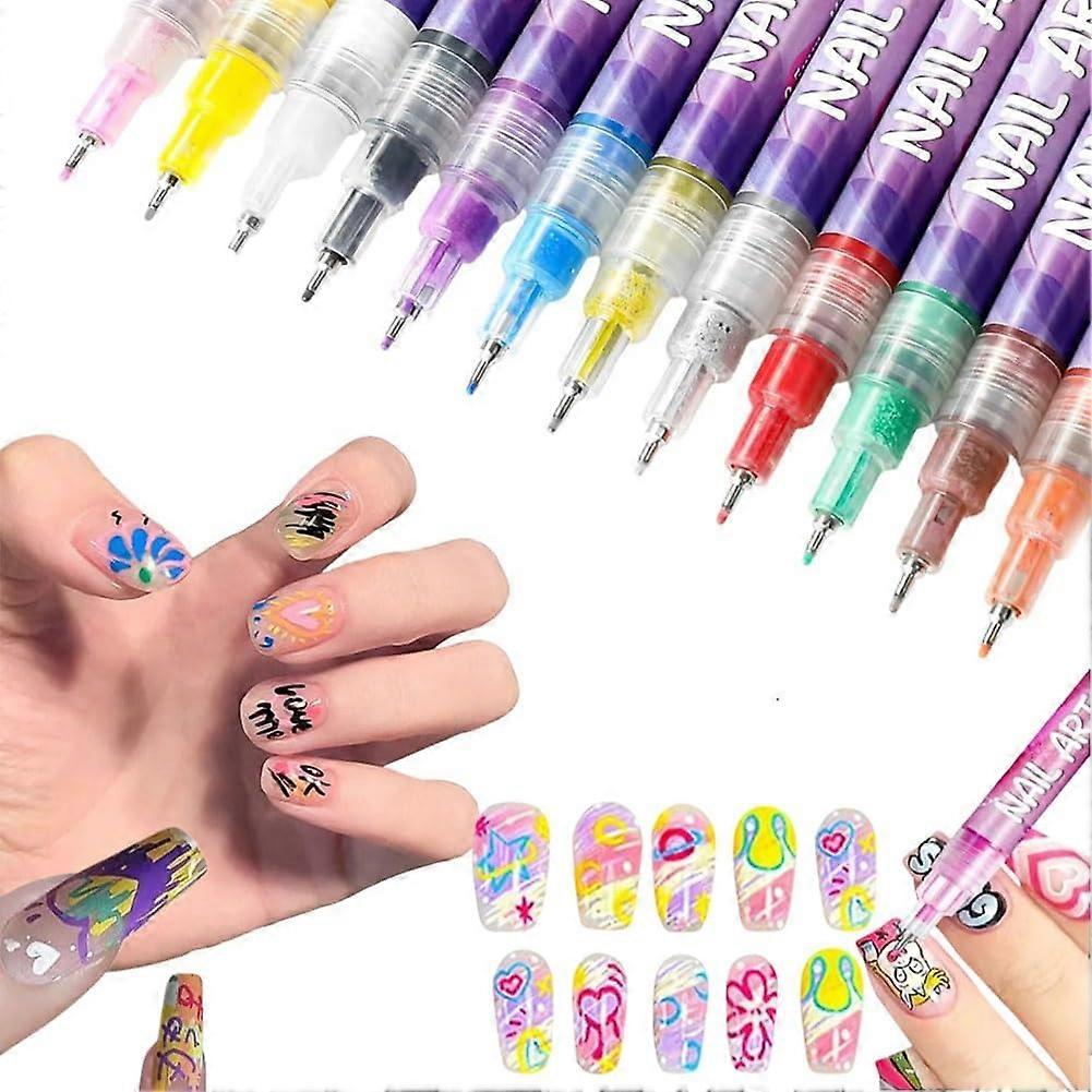 12 Colors Nail Art Pens Set, Quick Dry Nail Polish Markers with Fine Precision Tip for Detailing