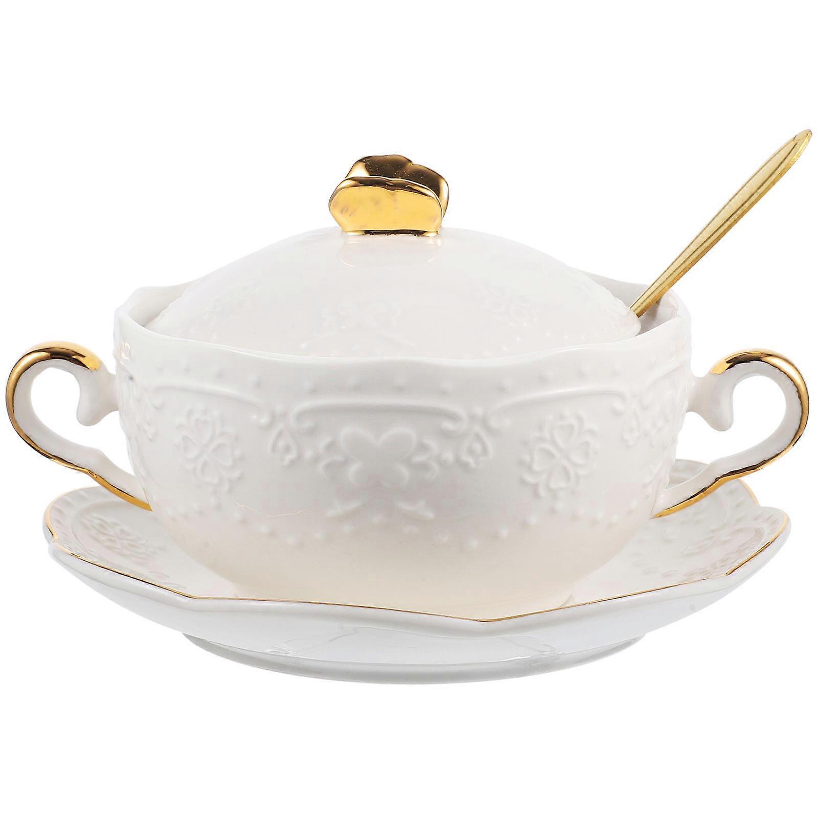 Double Handle Ceramic Dessert Bowl for Kitchen Use 4Sets with Spoon Lid