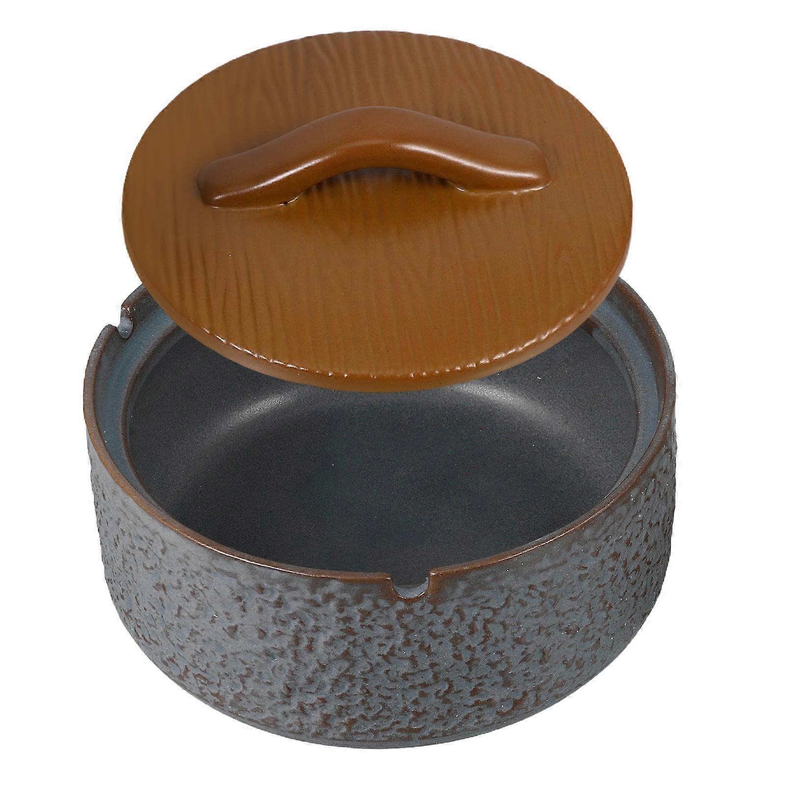 Dark Brown Ceramic Ashtray with Lids Windproof Ashtray for Home