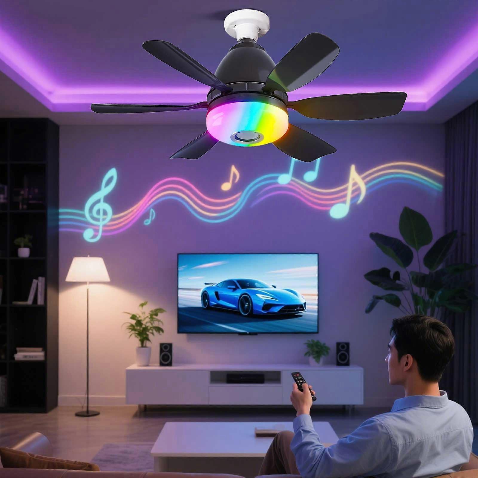 Socket Ceiling Fan with Light and Bluetooth Speaker, 20Inch E26 Base RGB Remote Control, 4 in 1 Small Screwin Fan for Bedroom Kitchen Garage Black