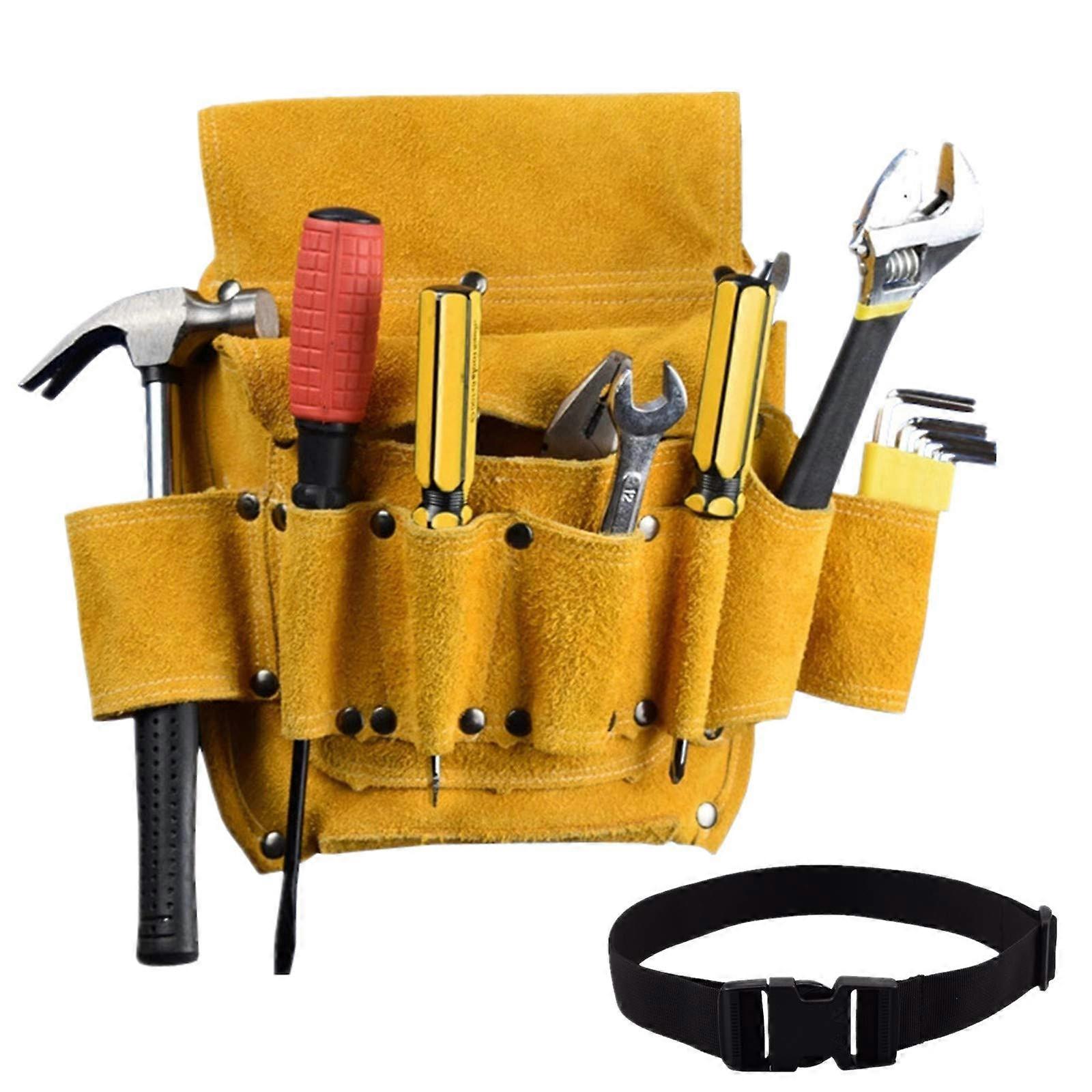 Leather Tool Belt with Suede Pouch for Carpenters, Adjustable Poly Web Belt, Multiple Compartments