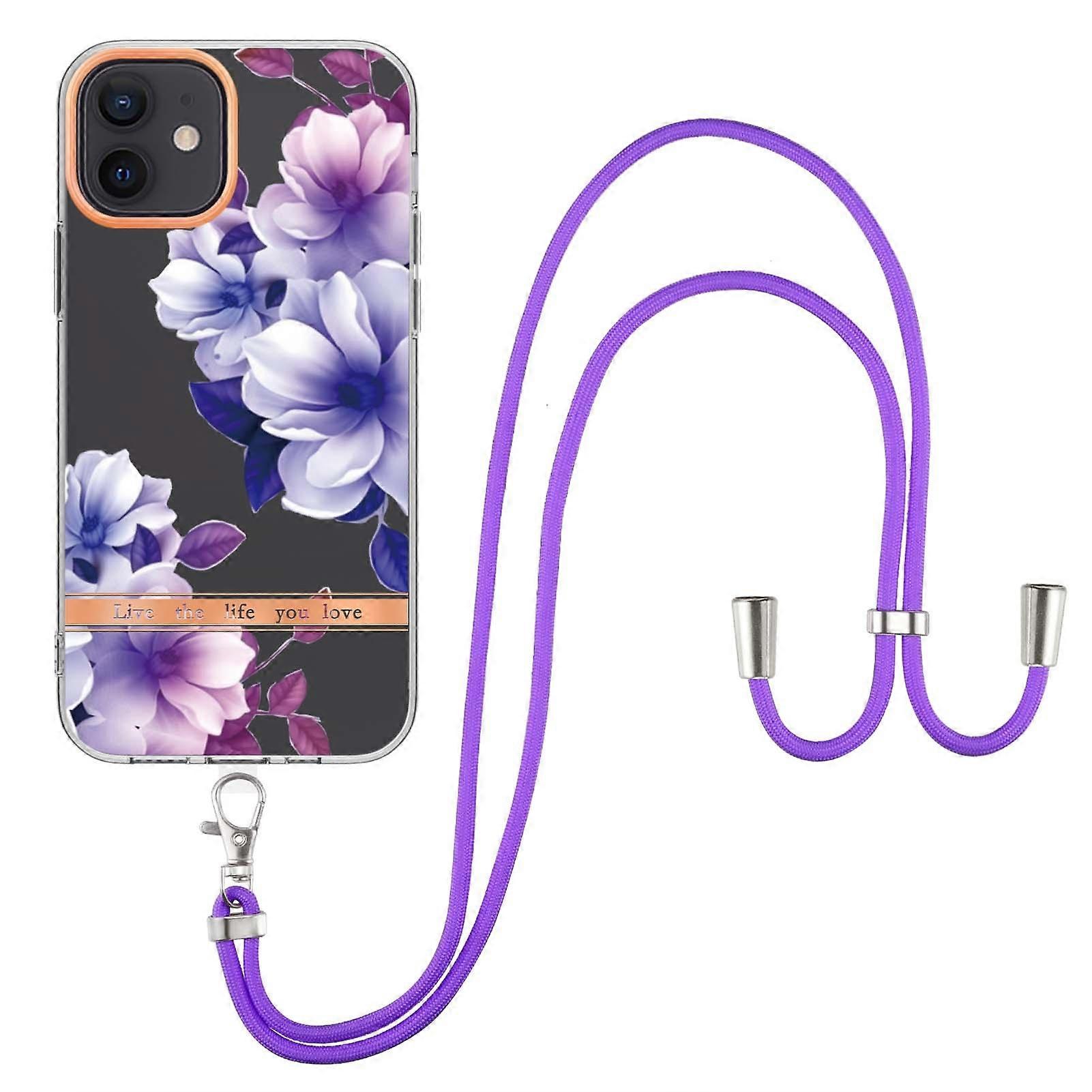 For iPhone 12/12 Pro Case with Shoulder Strap IMD IML Flower Pattern TPU Back Cover