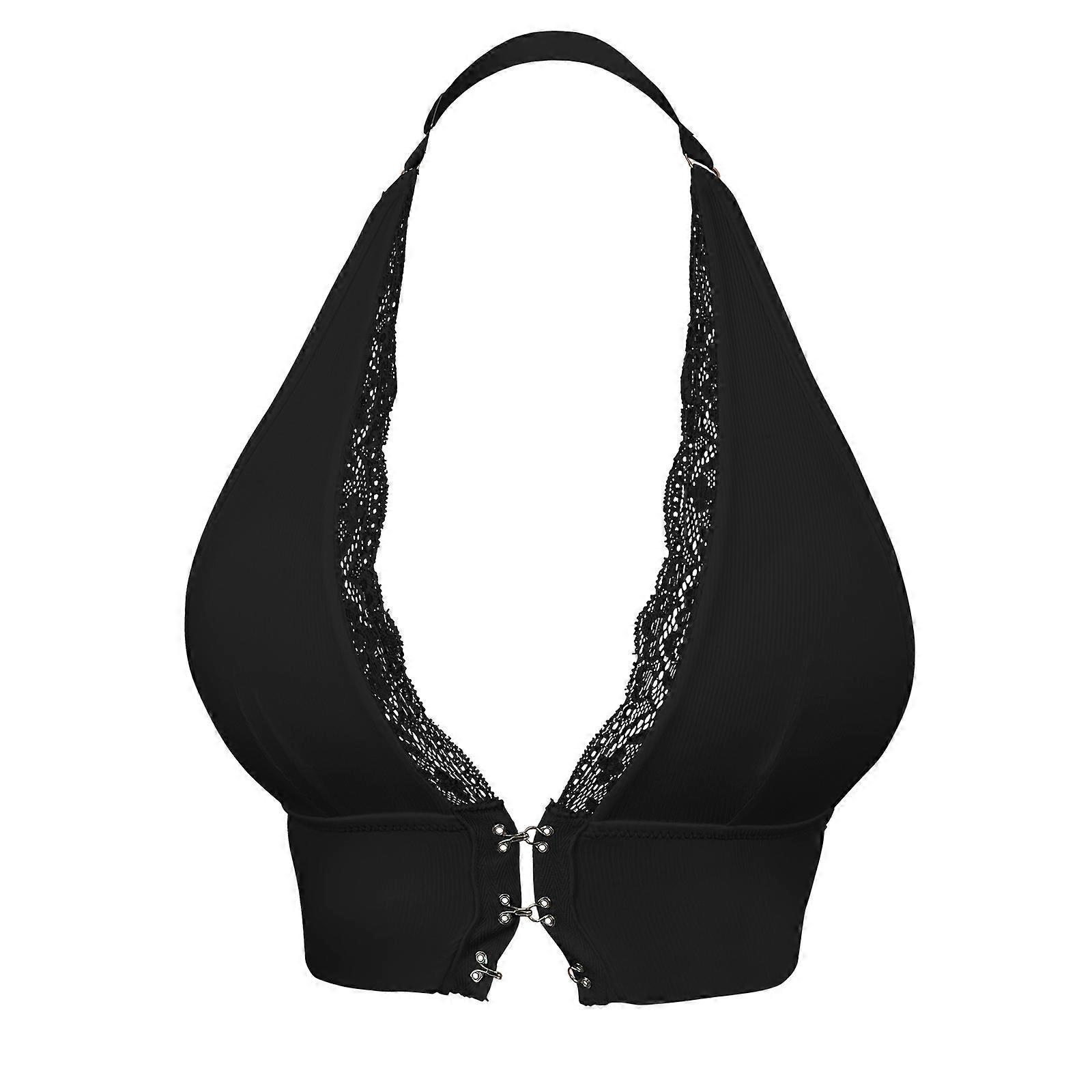 Lace Halter Deep V Backless Bra Front Closure Push Up Comfortable Breathable Seamless Intimates