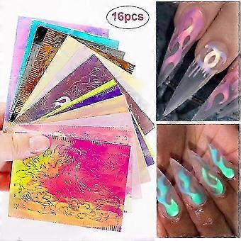 16 PCS Holographic Fire Flame Nail Stickers Fires On Manicure Stencil Stickers Nail Art Decoration
