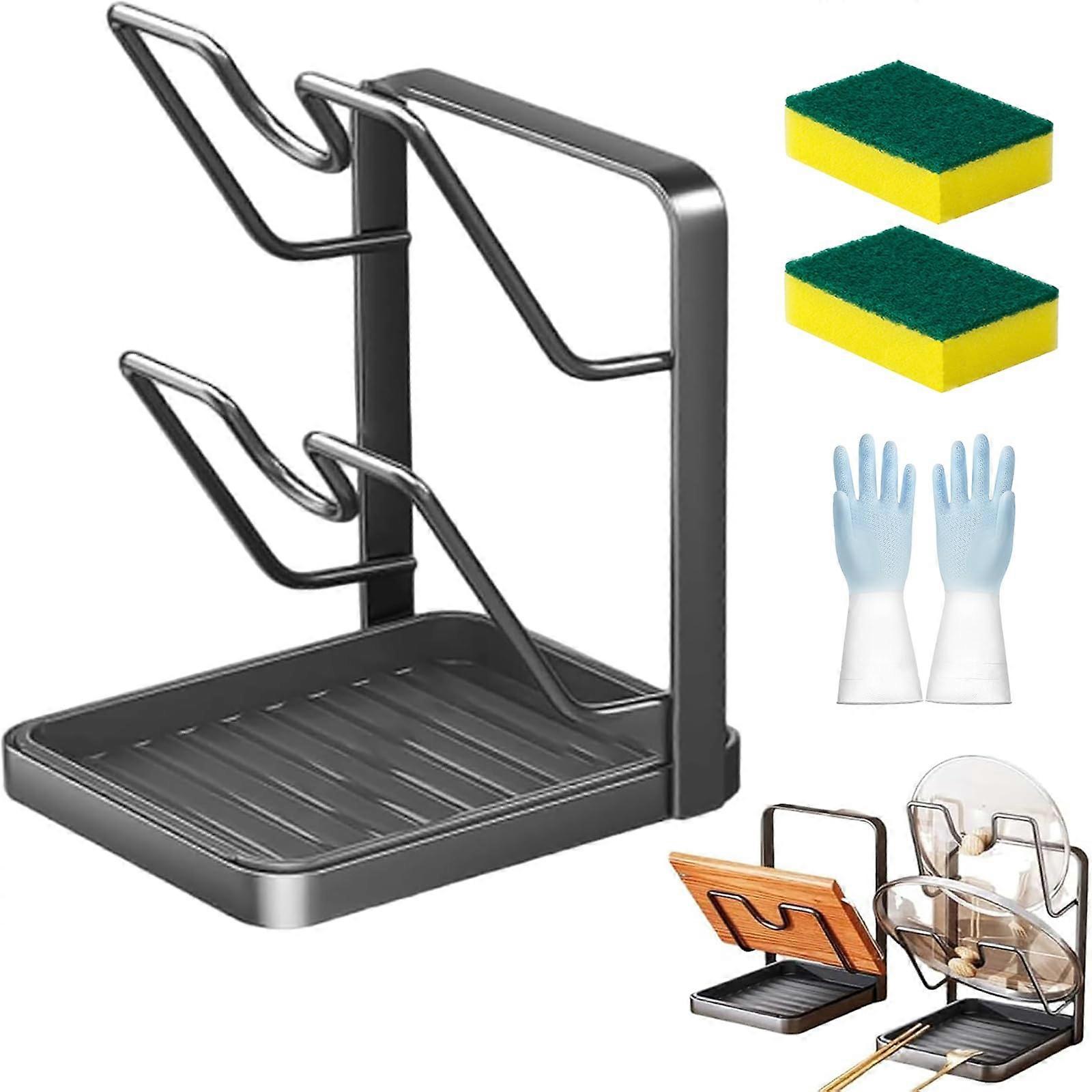 Pot Lid Holder with Removable Drip Tray, Double Layer Kitchen Organizer Rack for Countertop, Gray