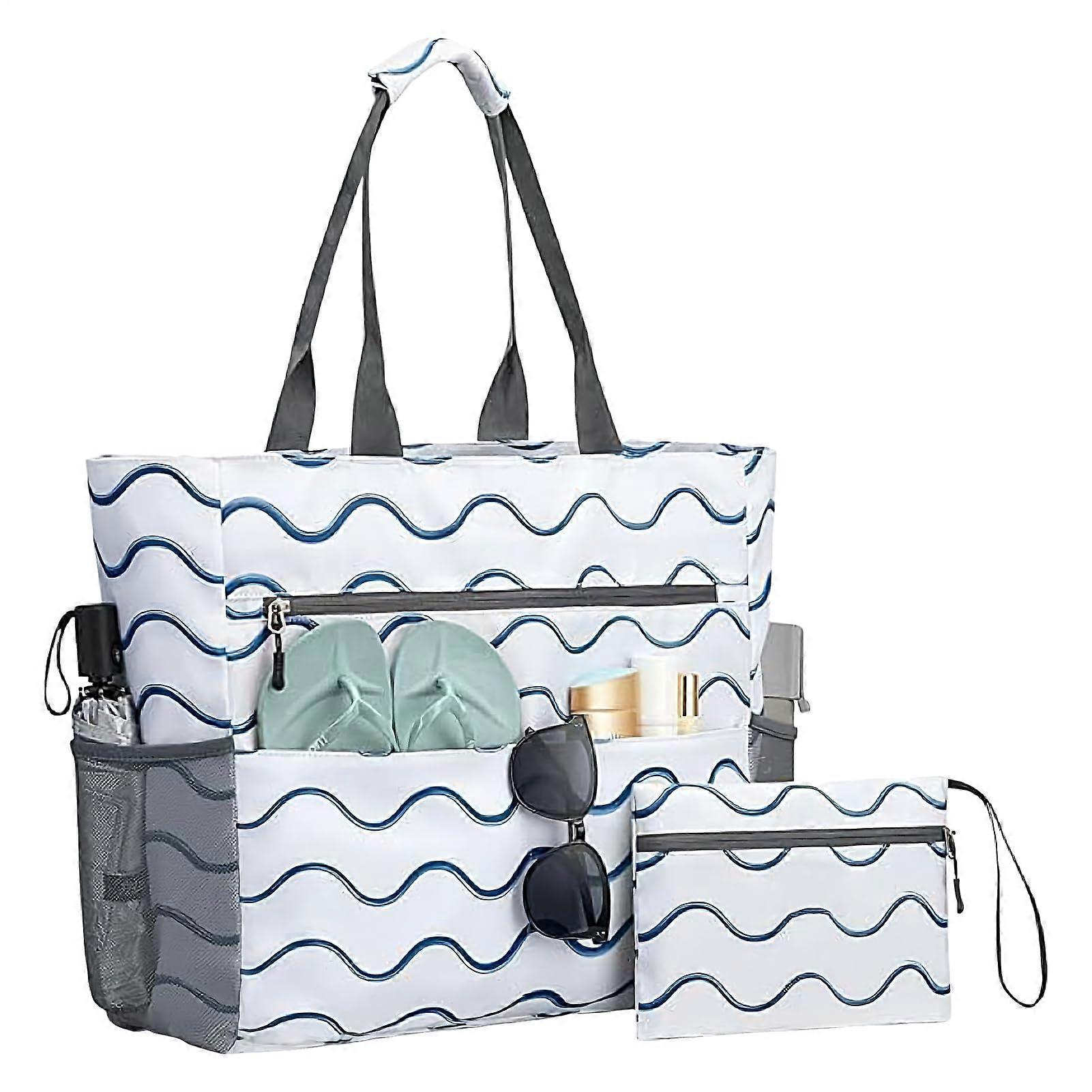 Large Beach Tote Bag with Zip Closure, Waterproof Fabric, Foldable Design and Multiple Pockets