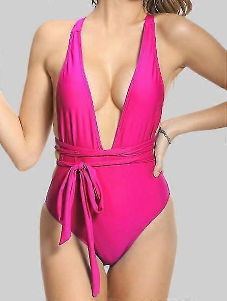Womens One Piece Swimsuit Sexy Deep V Neck Solid Red Bathing Suit
