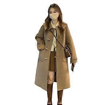 Women Winter Coat Formal Business Style Turn-down Collar Single-breasted Horn Buttons Mid Length
