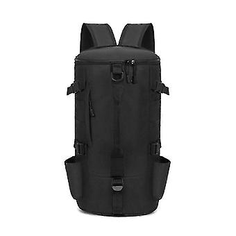 Mochila de pesca, bolsa de nylon preta para vara de pesca com bolsos para varas, ideal para caminhadas, escaladas, camping, pesca e aventuras ao ar livre.
