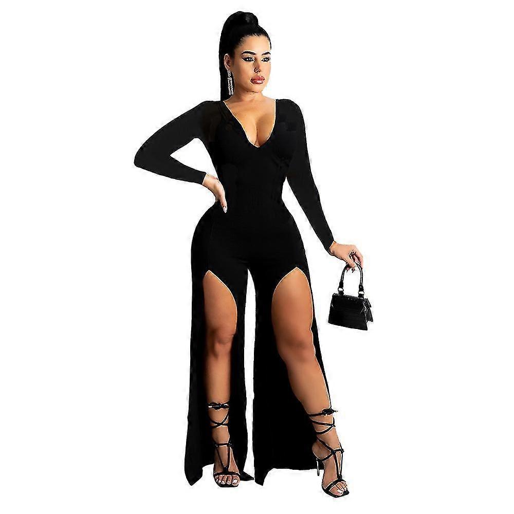 Women's V-neck Solid Color Split Leg Jumpsuitb