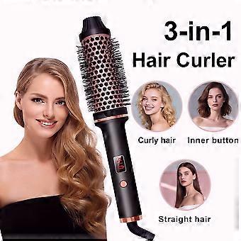3-in-1 Multifunctional Hair Straightener Curling Wand, LCD Display Anti Scald Constant Temperature, Rose Gold Black, UK Plug, Ion Hair Care for Travel